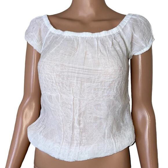 Bebe brand top semi sheer off the shoulder white cropped SZ S/P blouse gauzy - Picture 3 of 8